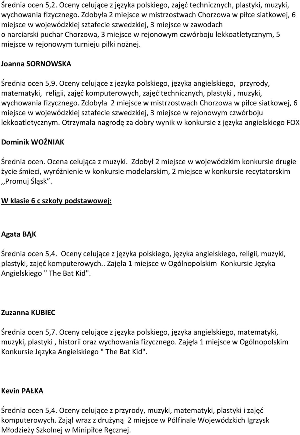 lekkoatletycznym, 5 miejsce w rejonowym turnieju piłki nożnej. Joanna SORNOWSKA Średnia ocen 5,9.