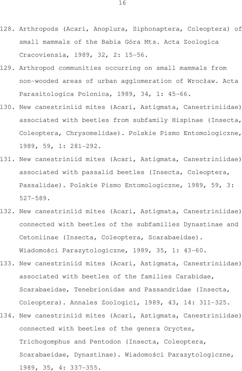 New canestriniid mites (Acari, Astigmata, Canestriniidae) associated with beetles from subfamily Hispinae (Insecta, Coleoptera, Chrysomelidae). Polskie Pismo Entomologiczne, 1989, 59, 1: 281-292. 131.