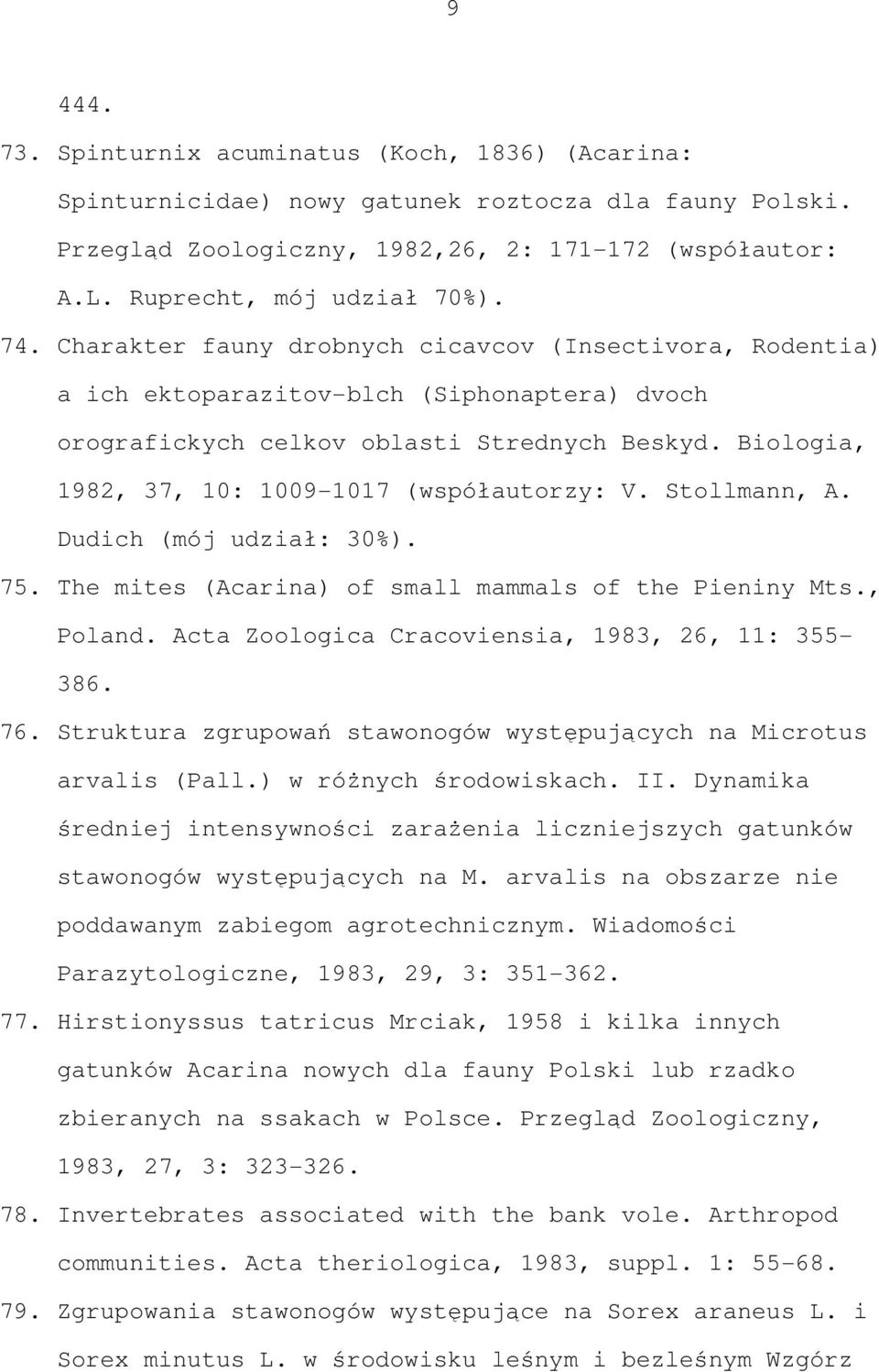 Biologia, 1982, 37, 10: 1009-1017 (współautorzy: V. Stollmann, A. Dudich (mój udział: 30%). 75. The mites (Acarina) of small mammals of the Pieniny Mts., Poland.