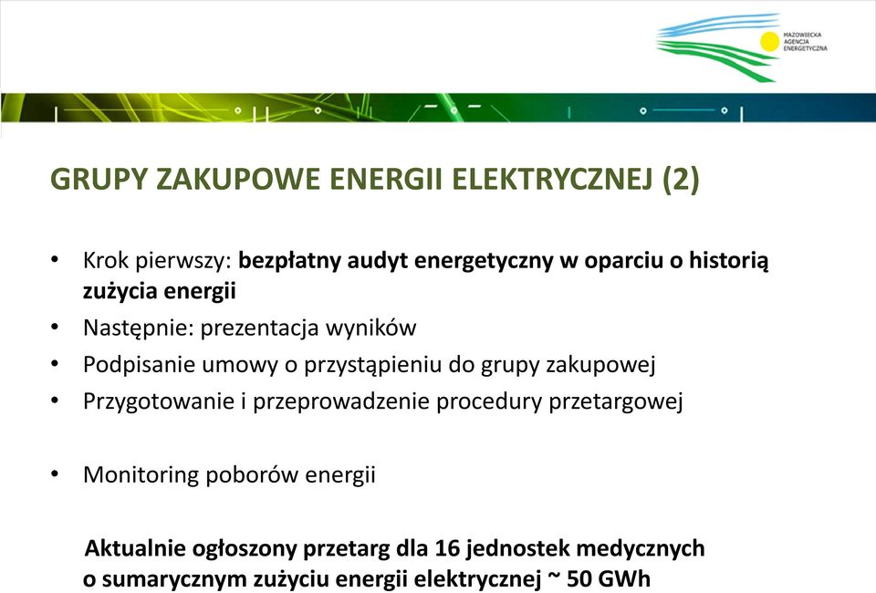 zakupowej Przygotowanie i przeprowadzenie procedury przetargowej Monitoring poborów energii