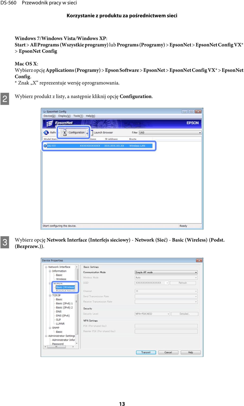 > EpsonNet > EpsonNet Config VX* > EpsonNet Config. * Znak X reprezentuje wersję oprogramowania.