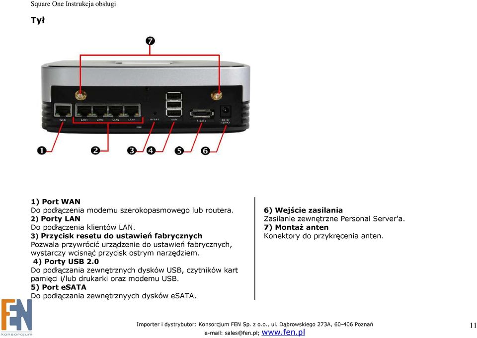 narzędziem. 4) Porty USB 2.0 Do podłączania zewnętrznych dysków USB, czytników kart pamięci i/lub drukarki oraz modemu USB.