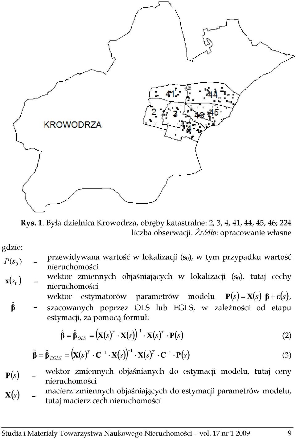 tutaj cechy nieruchomości wektor estymatorów parametrów modelu P ( s) = X( s) β + ε(s), szacowanych poprzez OLS lub EGLS, w zależności od etapu estymacji, za pomocą formuł: EGLS OLS T 1 T ( X() s X()