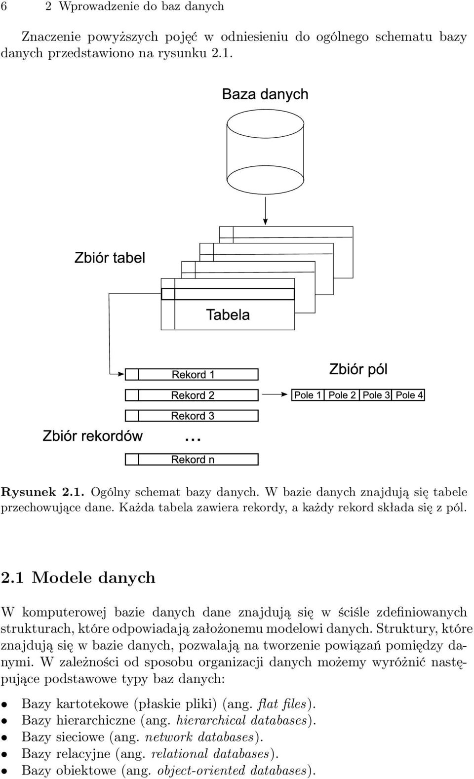 1 Modele danych W komputerowej bazie danych dane znajdują się w ściśle zdefiniowanych strukturach, które odpowiadają założonemu modelowi danych.