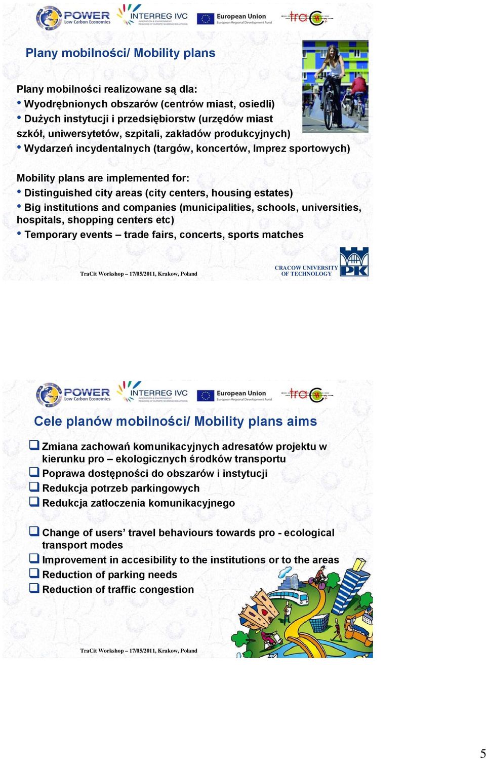 institutions and companies (municipalities, schools, universities, hospitals, shopping centers etc) Temporary events trade fairs, concerts, sports matches Cele planów mobilności/ Mobility plans aims