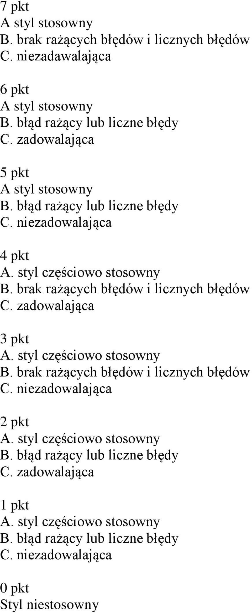 brak rażących błędów i licznych błędów C. zadowalająca 3 pkt A. styl częściowo stosowny B. brak rażących błędów i licznych błędów C.