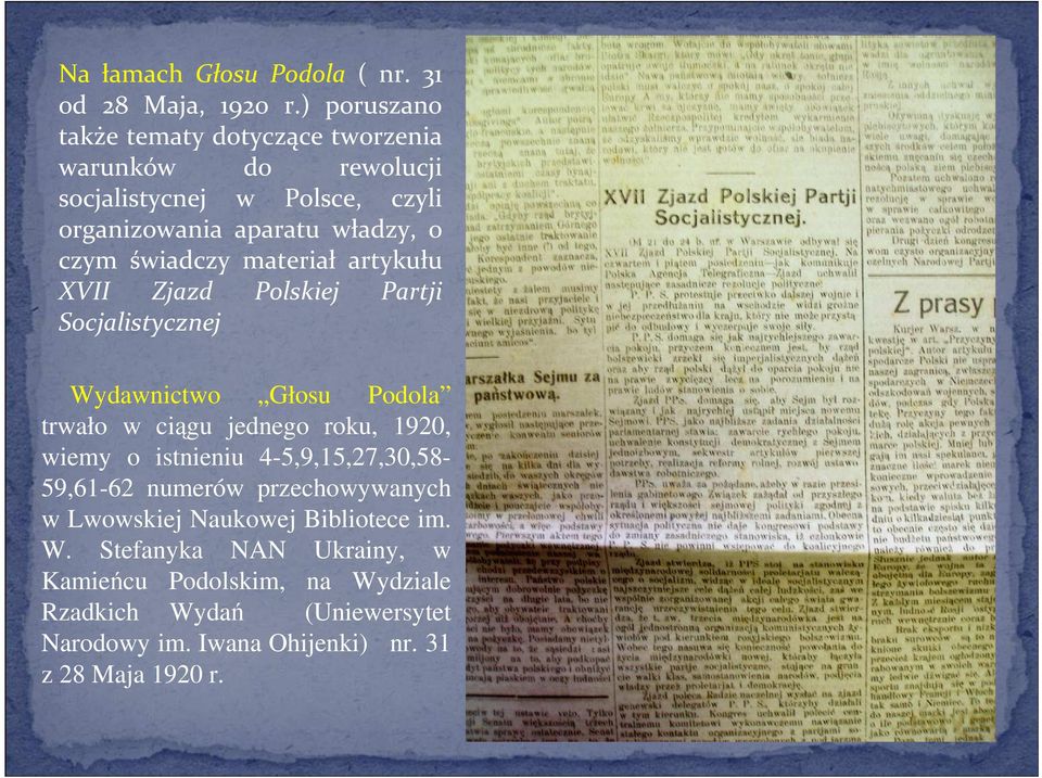 świadczy materiał artykułu XVII Zjazd Polskiej Partji Socjalistycznej Wydawnictwo Głosu Podola trwało w ciągu jednego roku, 1920, wiemy o