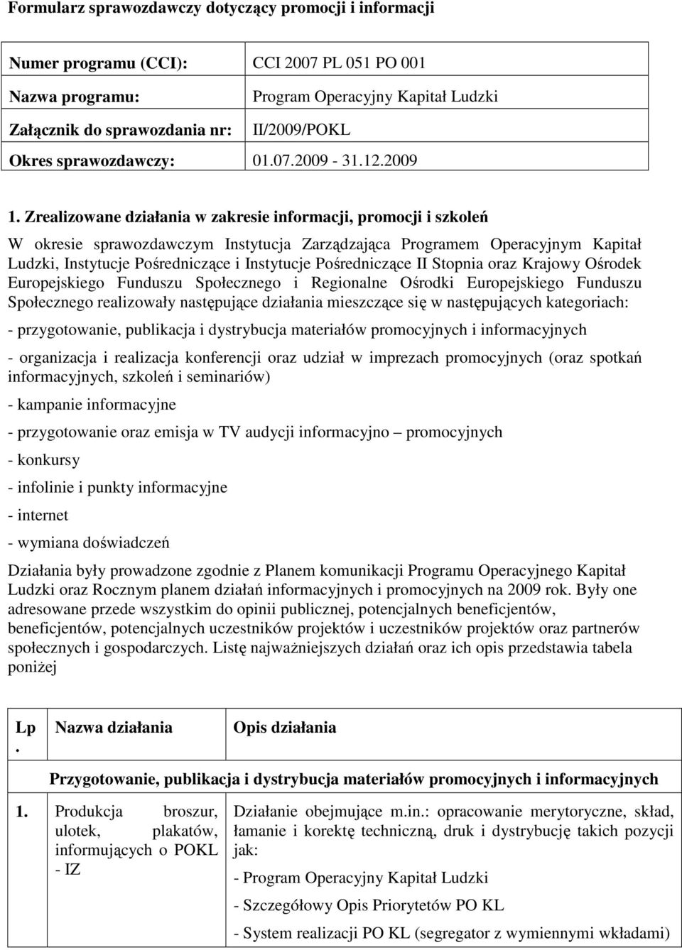 Zrealizowane działania w zakresie informacji, promocji i szkoleń W okresie sprawozdawczym Instytucja Zarządzająca Programem Operacyjnym Kapitał Ludzki, Instytucje Pośredniczące i Instytucje