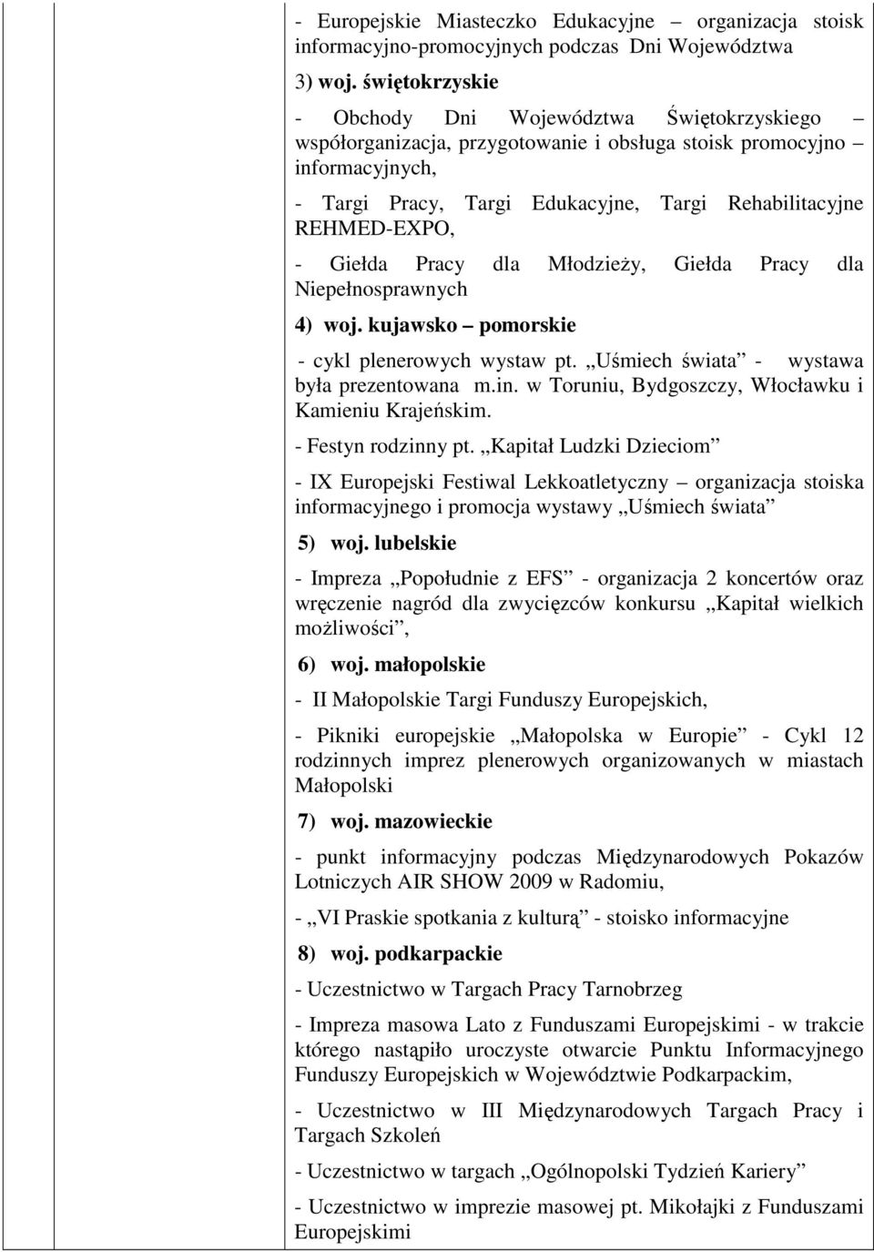 REHMED-EXPO, - Giełda Pracy dla MłodzieŜy, Giełda Pracy dla Niepełnosprawnych 4) woj. kujawsko pomorskie - cykl plenerowych wystaw pt. Uśmiech świata - wystawa była prezentowana m.in.