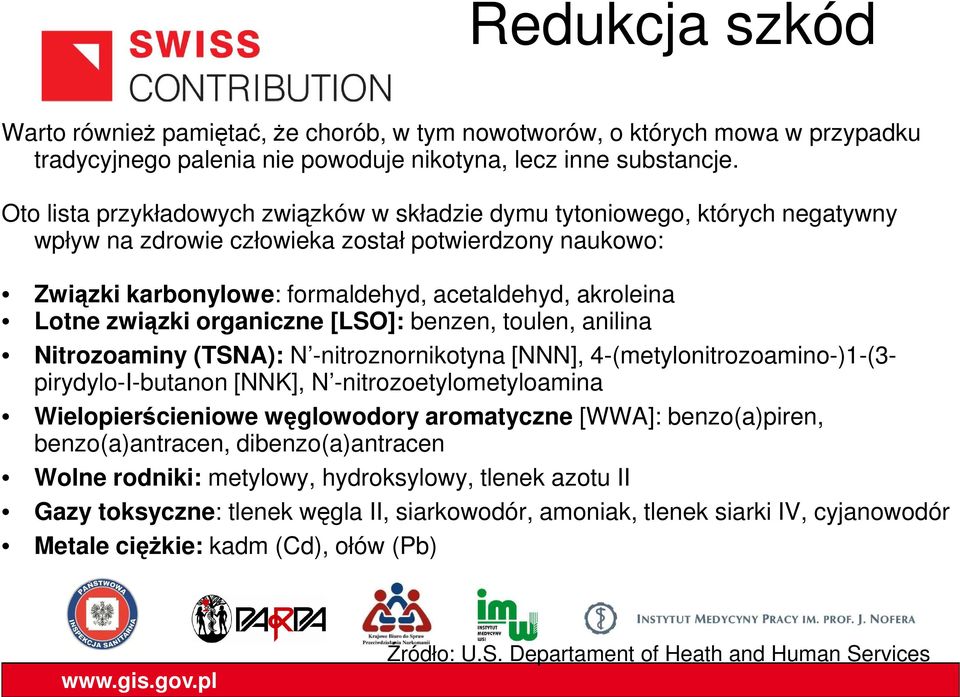 związki organiczne [LSO]: benzen, toulen, anilina Nitrozoaminy (TSNA): N -nitroznornikotyna [NNN], 4-(metylonitrozoamino-)1-(3- pirydylo-i-butanon [NNK], N -nitrozoetylometyloamina Wielopierścieniowe