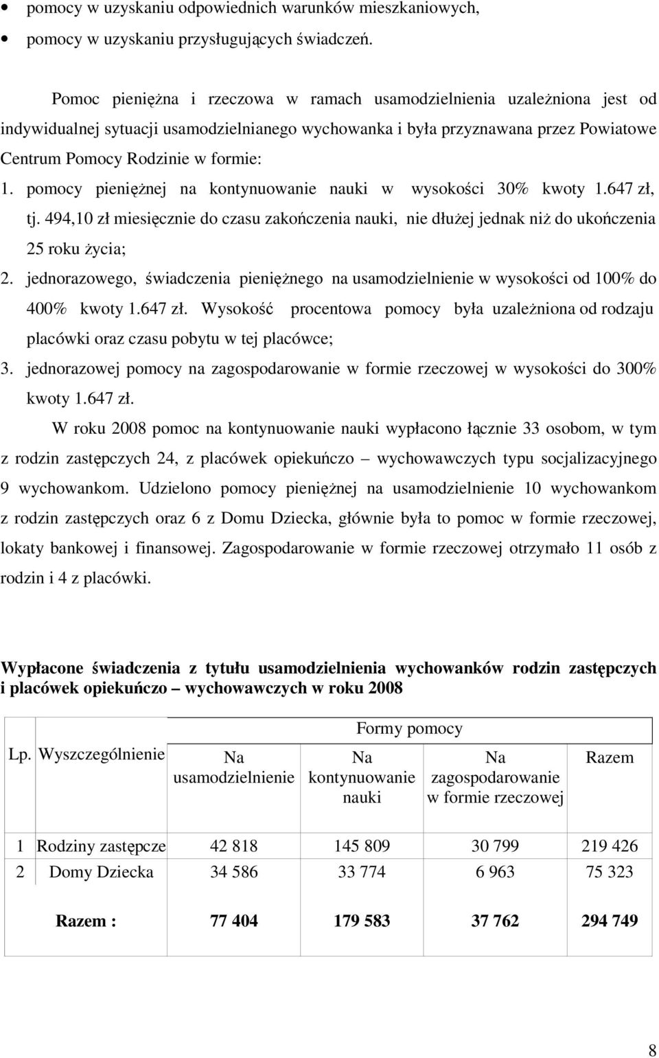 pomocy pieniężnej na kontynuowanie nauki w wysokości 30% kwoty 1.647 zł, tj. 494,10 zł miesięcznie do czasu zakończenia nauki, nie dłużej jednak niż do ukończenia 25 roku życia; 2.