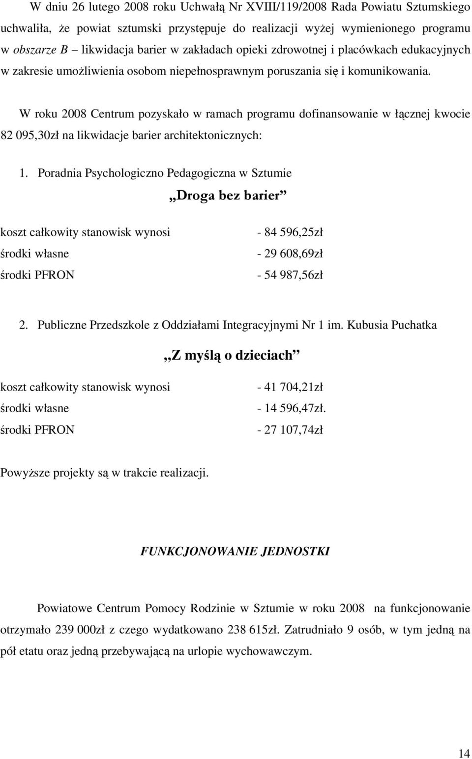 W roku 2008 Centrum pozyskało w ramach programu dofinansowanie w łącznej kwocie 82 095,30zł na likwidacje barier architektonicznych: 1.