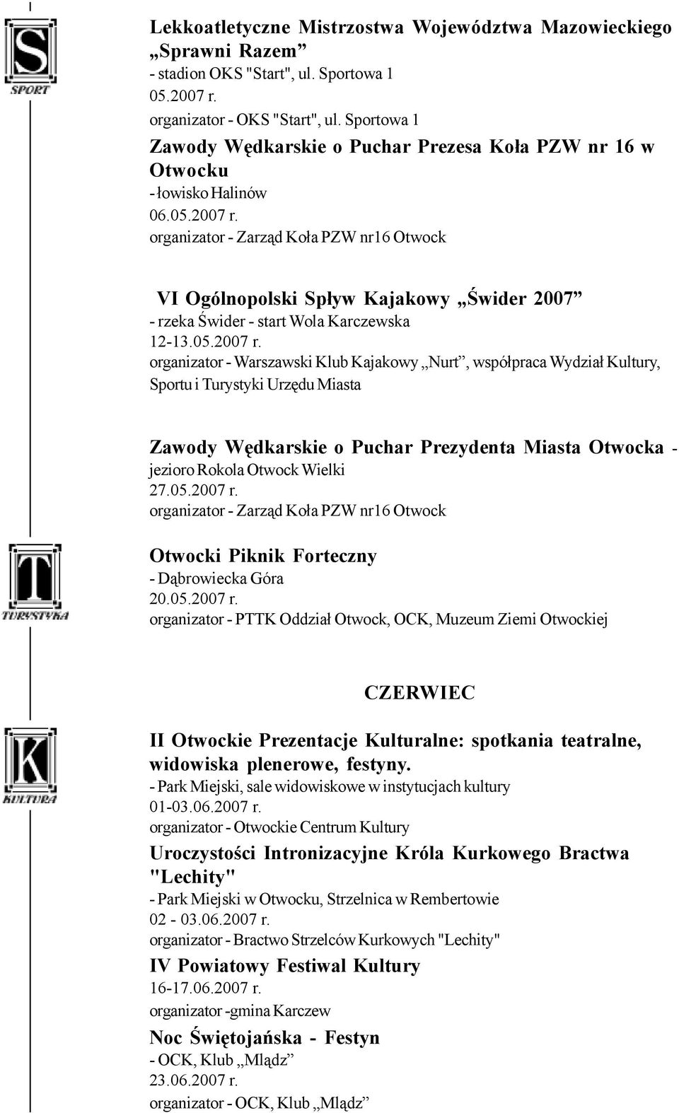 organizator - Zarząd Koła PZW nr16 Otwock VI Ogólnopolski Spływ Kajakowy Świder 2007 - rzeka Świder - start Wola Karczewska 12-13.05.2007 r.