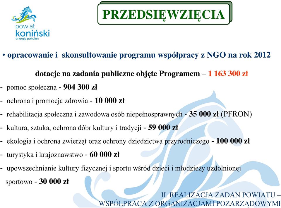 dóbr kultury i tradycji - 59 000 zł - ekologia i ochrona zwierząt oraz ochrony dziedzictwa przyrodniczego - 100 000 zł - turystyka i krajoznawstwo - 60 000 zł -