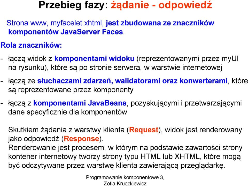 oraz konwerterami, które są reprezentowane przez komponenty - łączą z komponentami JavaBeans, pozyskującymi i przetwarzającymi dane specyficznie dla komponentów Skutkiem żądania z warstwy