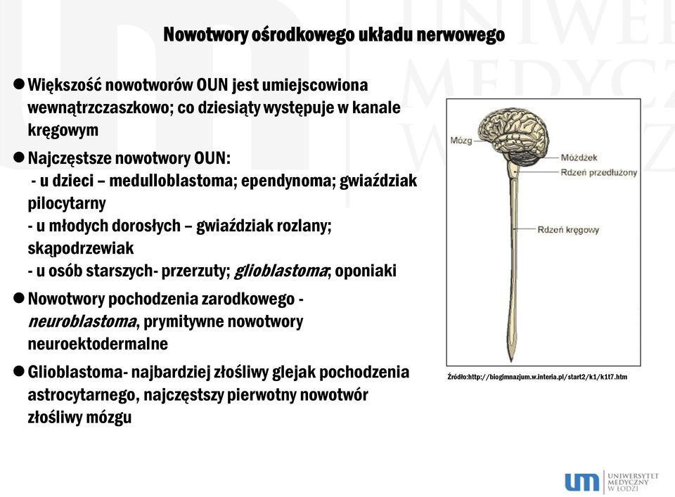 osób starszych- przerzuty; glioblastoma; oponiaki Nowotwory pochodzenia zarodkowego - neuroblastoma, prymitywne nowotwory neuroektodermalne