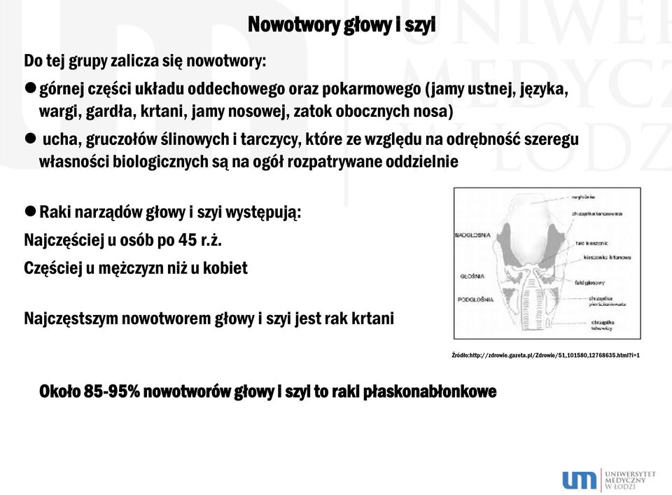 ogół rozpatrywane oddzielnie Raki narządów głowy i szyi występują: Najczęściej u osób po 45 r.ż.