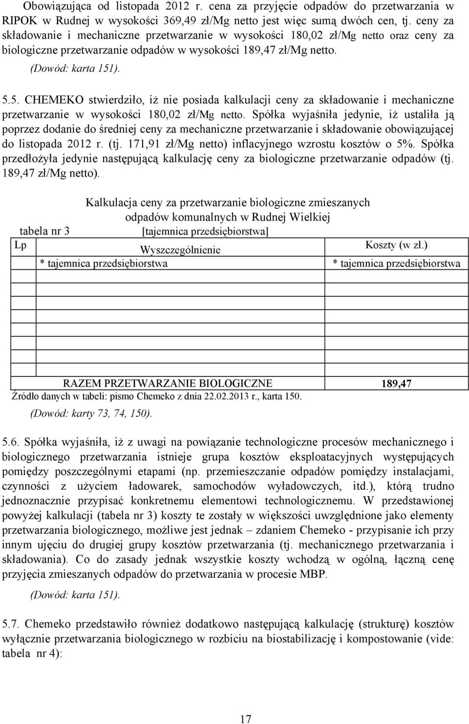 ). 5.5. CHEMEKO stwierdziło, iż nie posiada kalkulacji ceny za składowanie i mechaniczne przetwarzanie w wysokości 180,02 zł/mg netto.