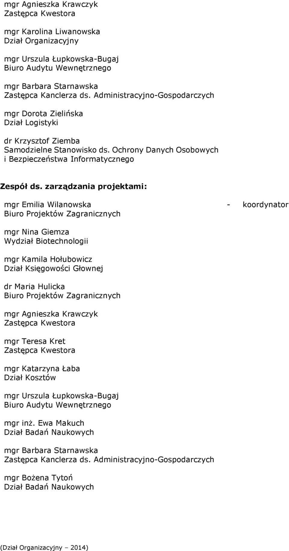 zarządzania projektami: mgr Emilia Wilanowska mgr Nina Giemza Wydział Biotechnologii mgr Kamila Hołubowicz