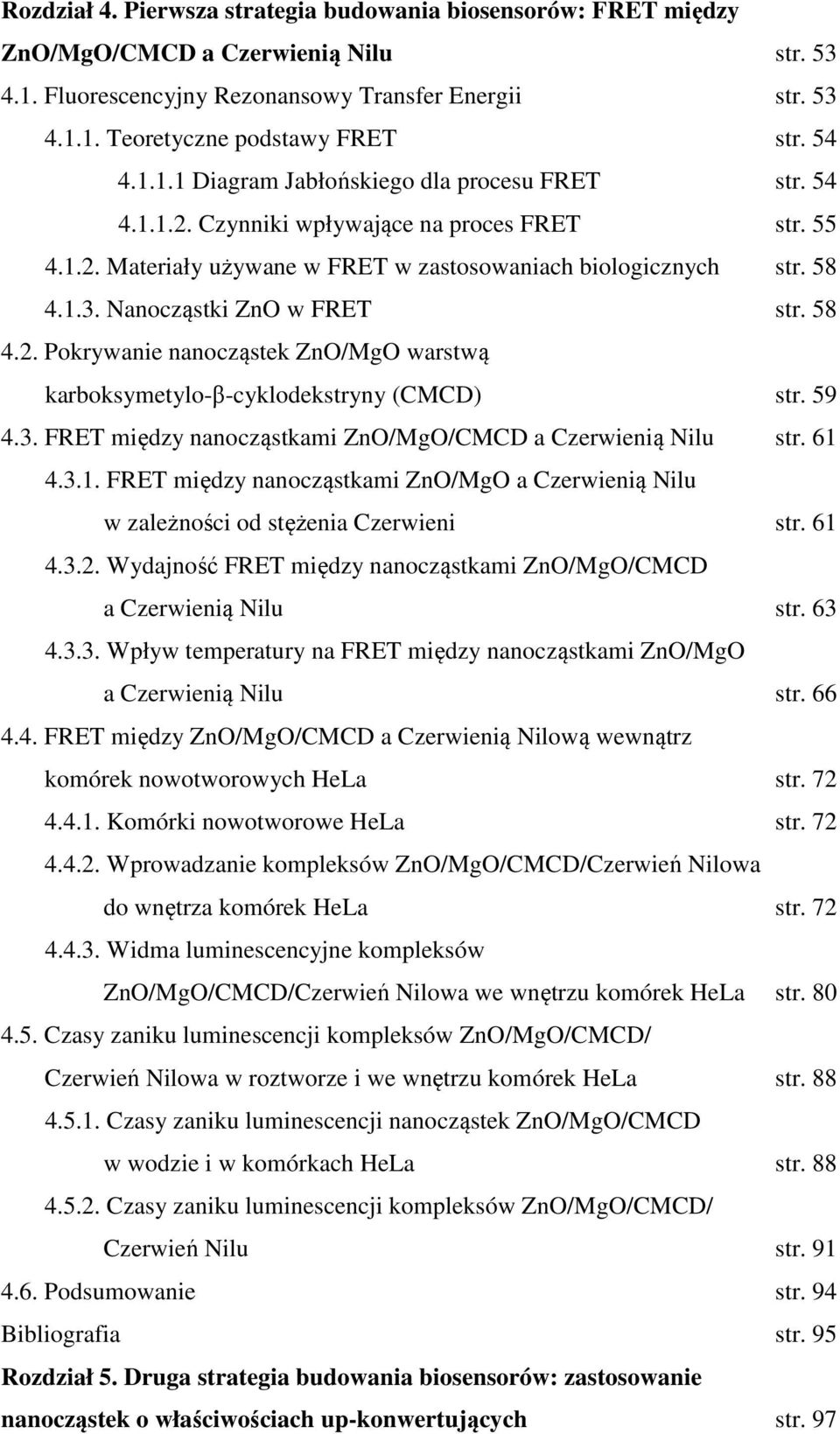 Nanocząstki ZnO w FRET str. 58 4.2. Pokrywanie nanocząstek ZnO/MgO warstwą karboksymetylo-β-cyklodekstryny (CMCD) str. 59 4.3. FRET między nanocząstkami ZnO/MgO/CMCD a Czerwienią Nilu str. 61 