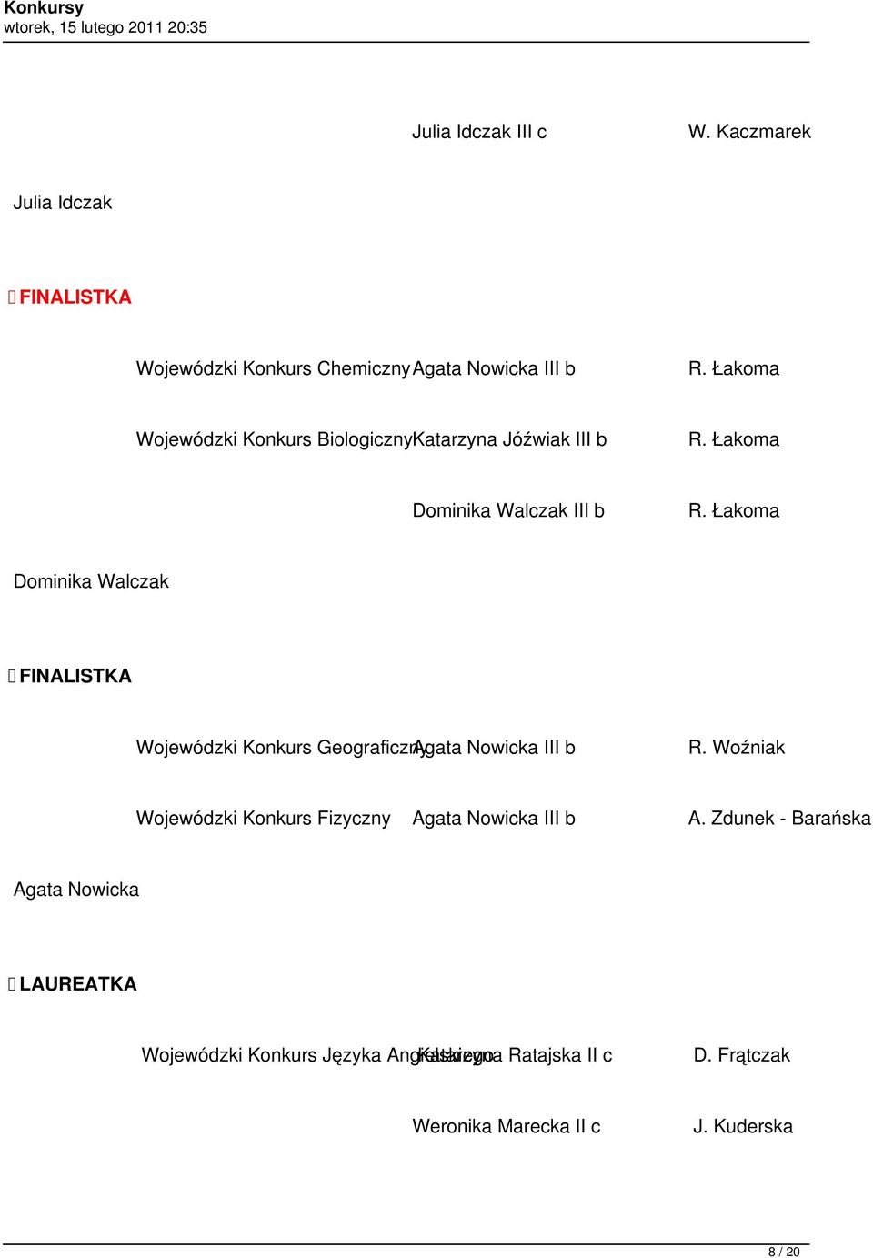 Łakoma Dominika Walczak FINALISTKA Wojewódzki Konkurs Geograficzny Agata Nowicka III b R.