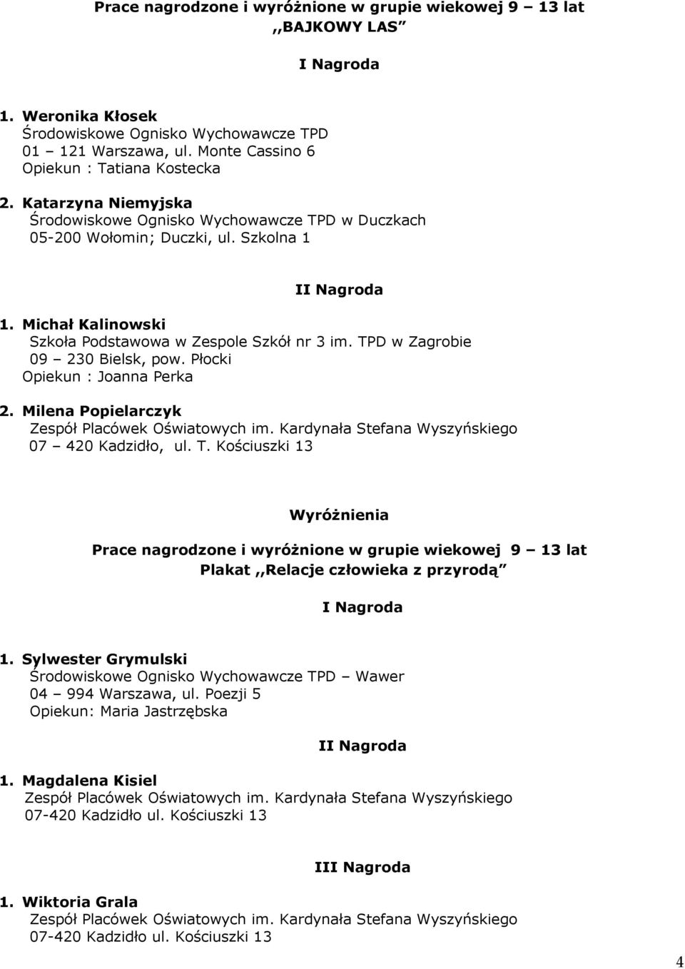 TPD w Zagrobie 09 230 Bielsk, pow. Płocki Opiekun : Joanna Perka 2. Milena Popielarczyk 07 420 Kadzidło, ul. T.