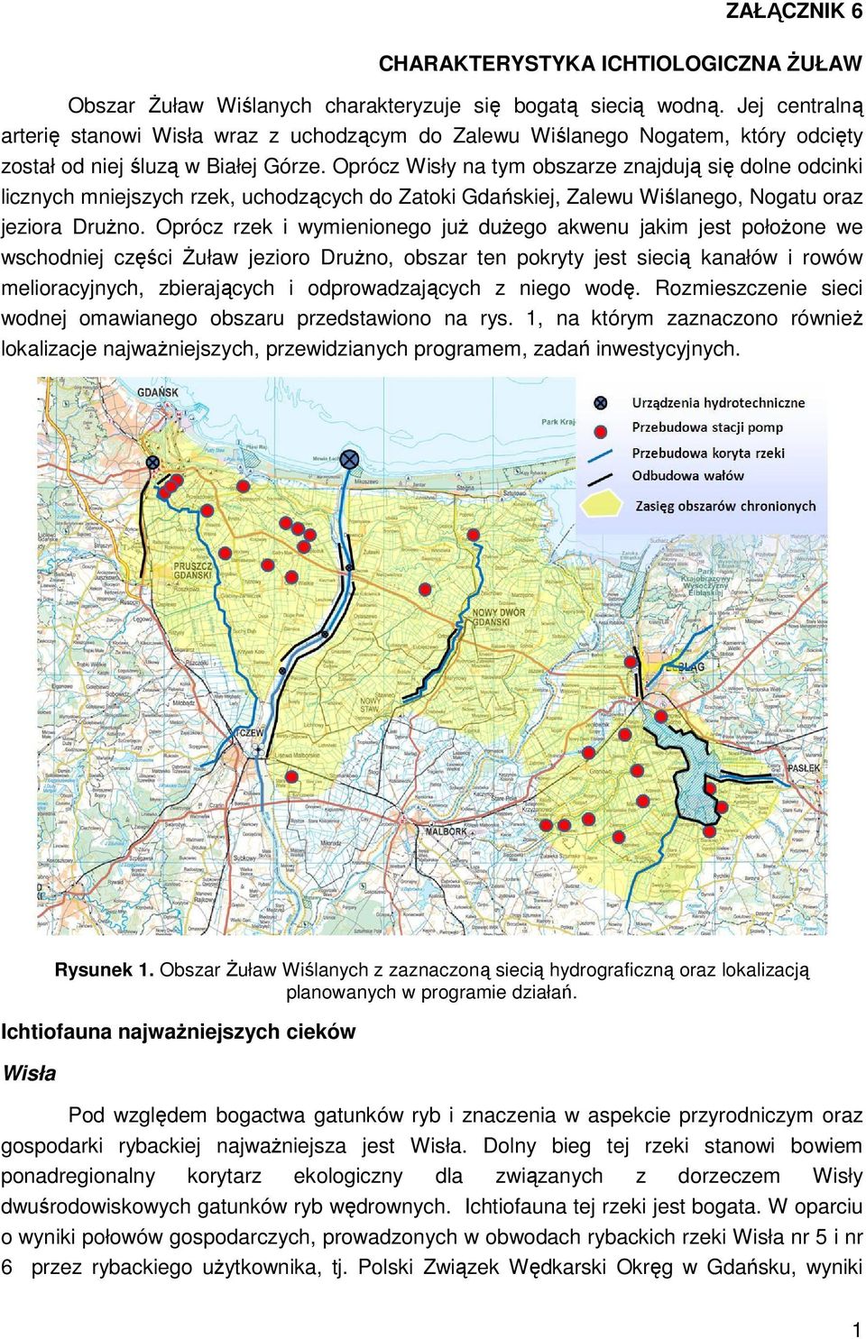 Oprócz Wisły na tym obszarze znajdują się dolne odcinki licznych mniejszych rzek, uchodzących do Zatoki Gdańskiej, Zalewu Wiślanego, Nogatu oraz jeziora Drużno.