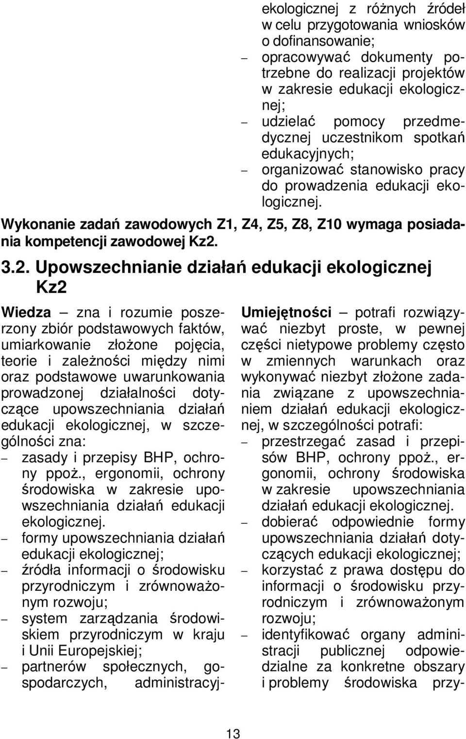 3.2. Upowszechnianie działań edukacji ekologicznej Kz2 Wiedza zna i rozumie poszerzony zbiór podstawowych faktów, umiarkowanie złożone pojęcia, teorie i zależności między nimi oraz podstawowe