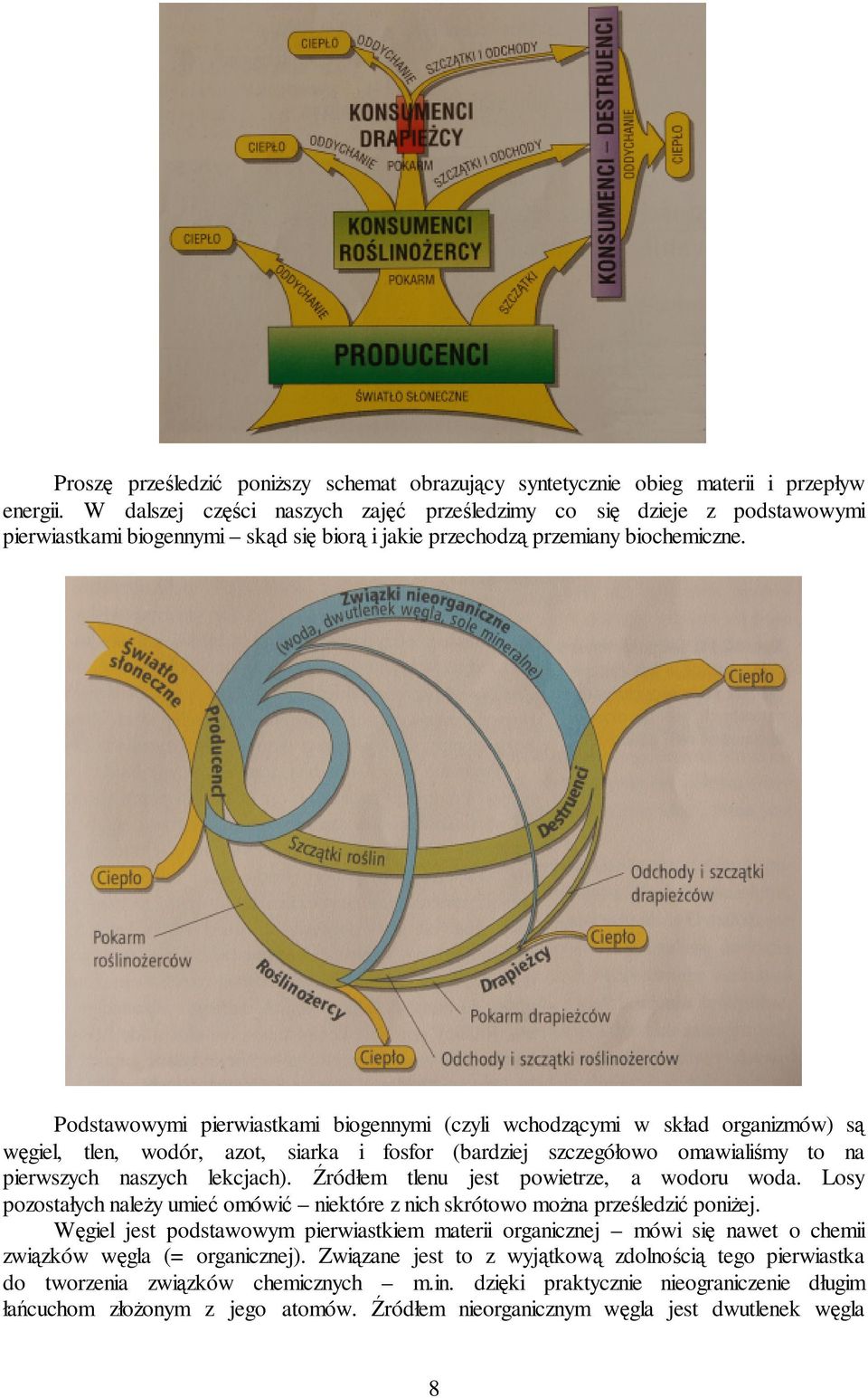 Podstawowymi pierwiastkami biogennymi (czyli wchodzącymi w skład organizmów) są węgiel, tlen, wodór, azot, siarka i fosfor (bardziej szczegółowo omawialiśmy to na pierwszych naszych lekcjach).