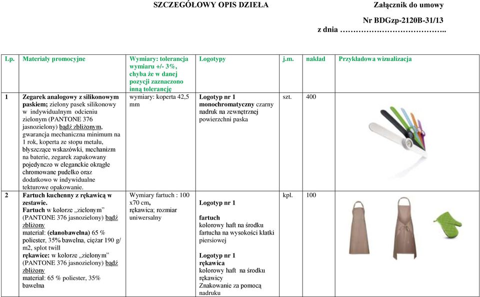 odcieniu zielonym (PANTONE 376 jasnozielony) bądź zbliżonym, gwarancja mechaniczna minimum na 1 rok, koperta ze stopu metalu, błyszczące wskazówki, mechanizm na baterie, zegarek zapakowany pojedynczo