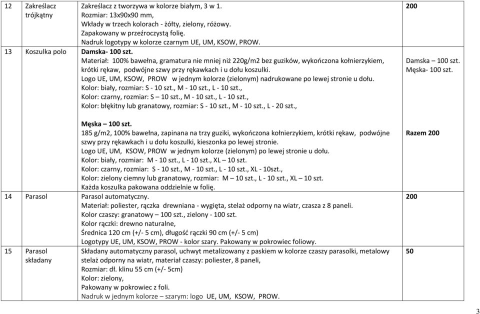 Materiał: % bawełna, gramatura nie mniej niż 220g/m2 bez guzików, wykończona kołnierzykiem, krótki rękaw, podwójne szwy przy rękawkach i u dołu koszulki.