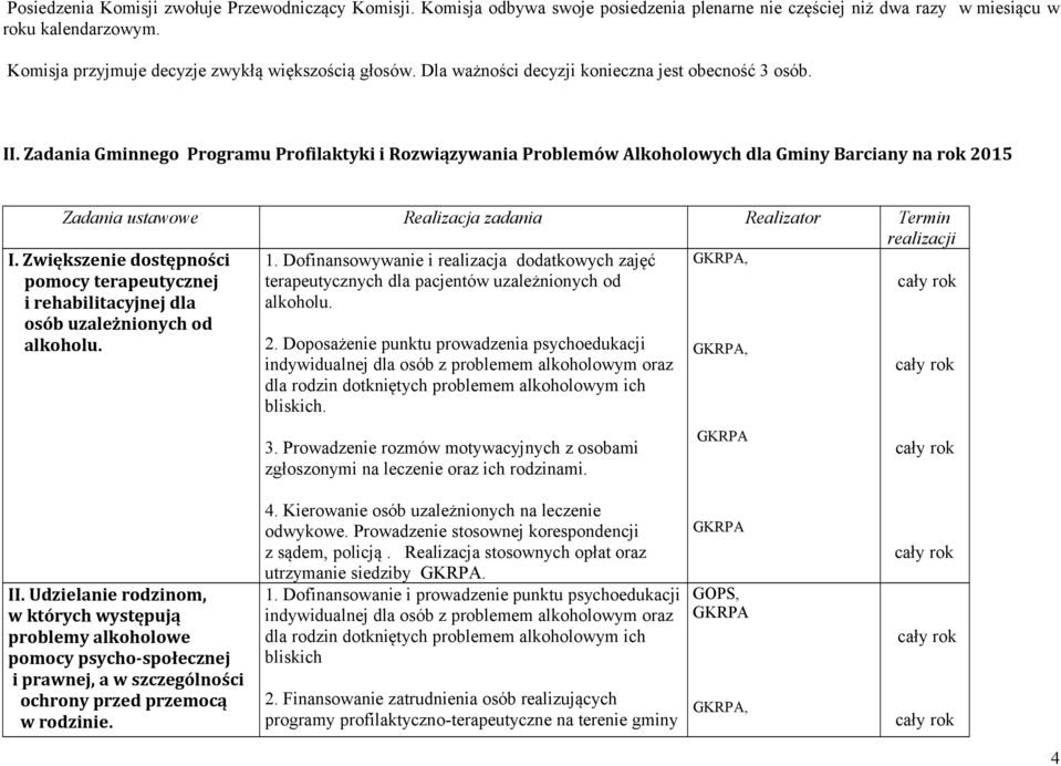 Zadania Gminnego Programu Profilaktyki i Rozwiązywania Problemów Alkoholowych dla Gminy Barciany na rok 2015 Zadania ustawowe Realizacja zadania Realizator Termin realizacji 1.