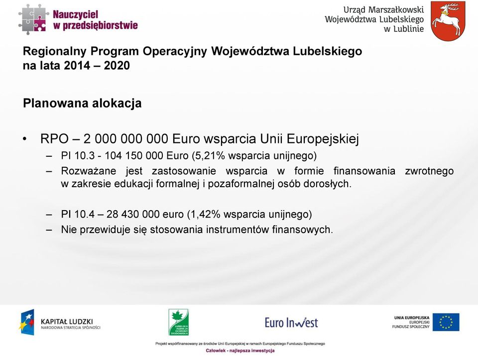 3-104 150 000 Euro (5,21% wsparcia unijnego) Rozważane jest zastosowanie wsparcia w formie finansowania
