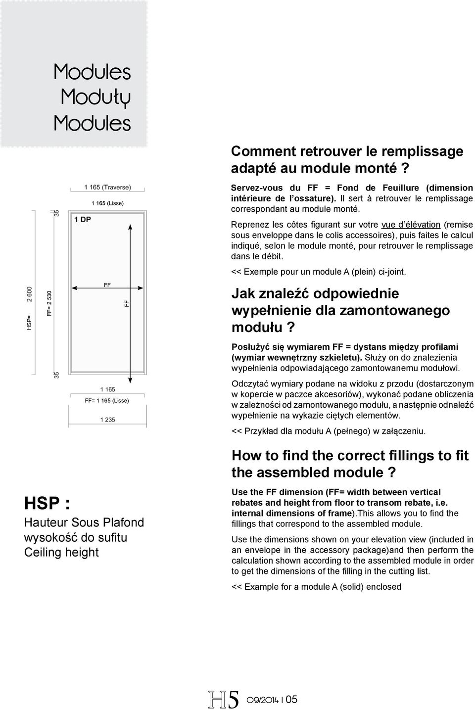 Reprenez les côtes figurant sur votre vue d élévation (remise sous enveloppe dans le colis accessoires), puis faites le calcul indiqué, selon le module monté, pour retrouver le remplissage dans le