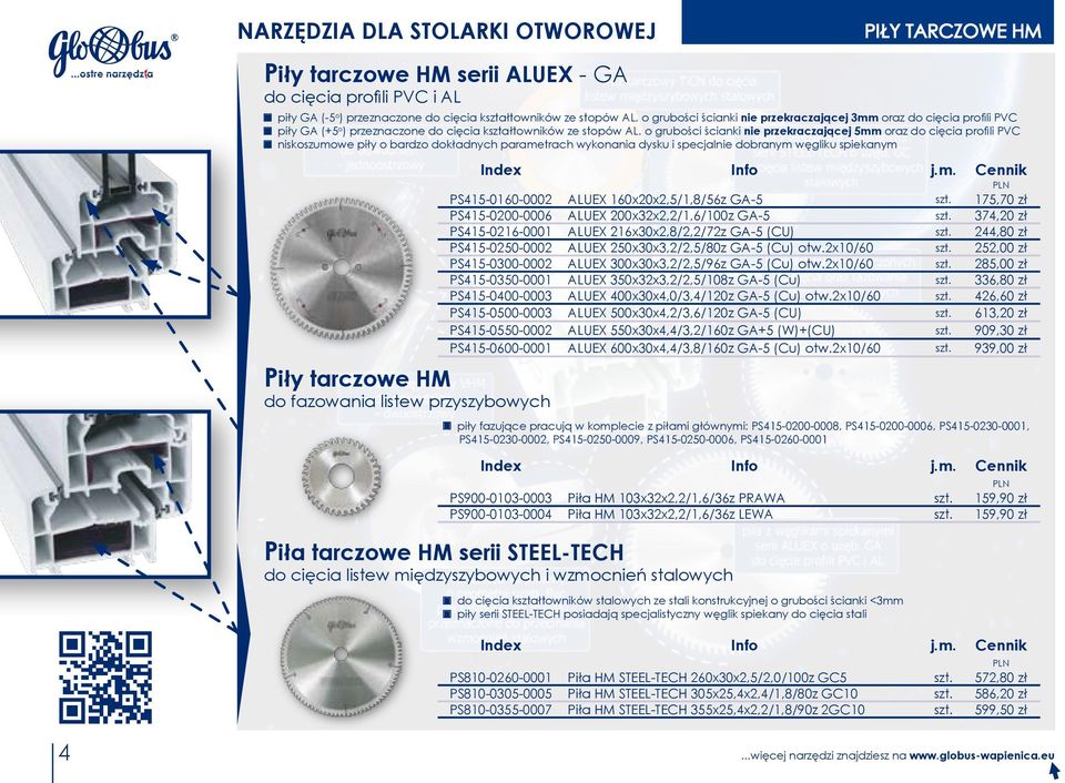 o grubości ścianki nie przekraczającej 5mm oraz do cięcia profili PVC niskoszumowe piły o bardzo dokładnych parametrach wykonania dysku i specjalnie dobranym węgliku spiekanym Piły tarczowe HM do