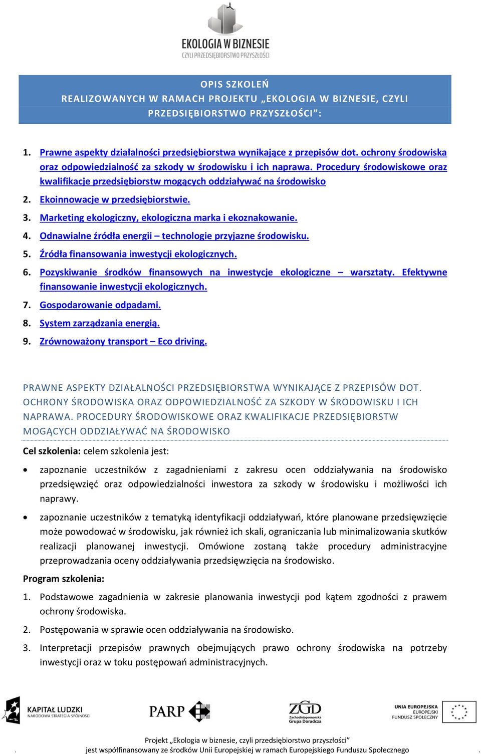 Ekoinnowacje w przedsiębiorstwie. 3. Marketing ekologiczny, ekologiczna marka i ekoznakowanie. 4. Odnawialne źródła energii technologie przyjazne środowisku. 5.