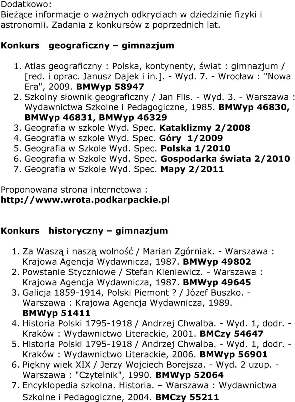 - Warszawa : Wydawnictwa Szkolne i Pedagogiczne, 1985. BMWyp 46830, BMWyp 46831, BMWyp 46329 3. Geografia w szkole Wyd. Spec. Kataklizmy 2/2008 4. Geografia w szkole Wyd. Spec. Góry 1/2009 5.