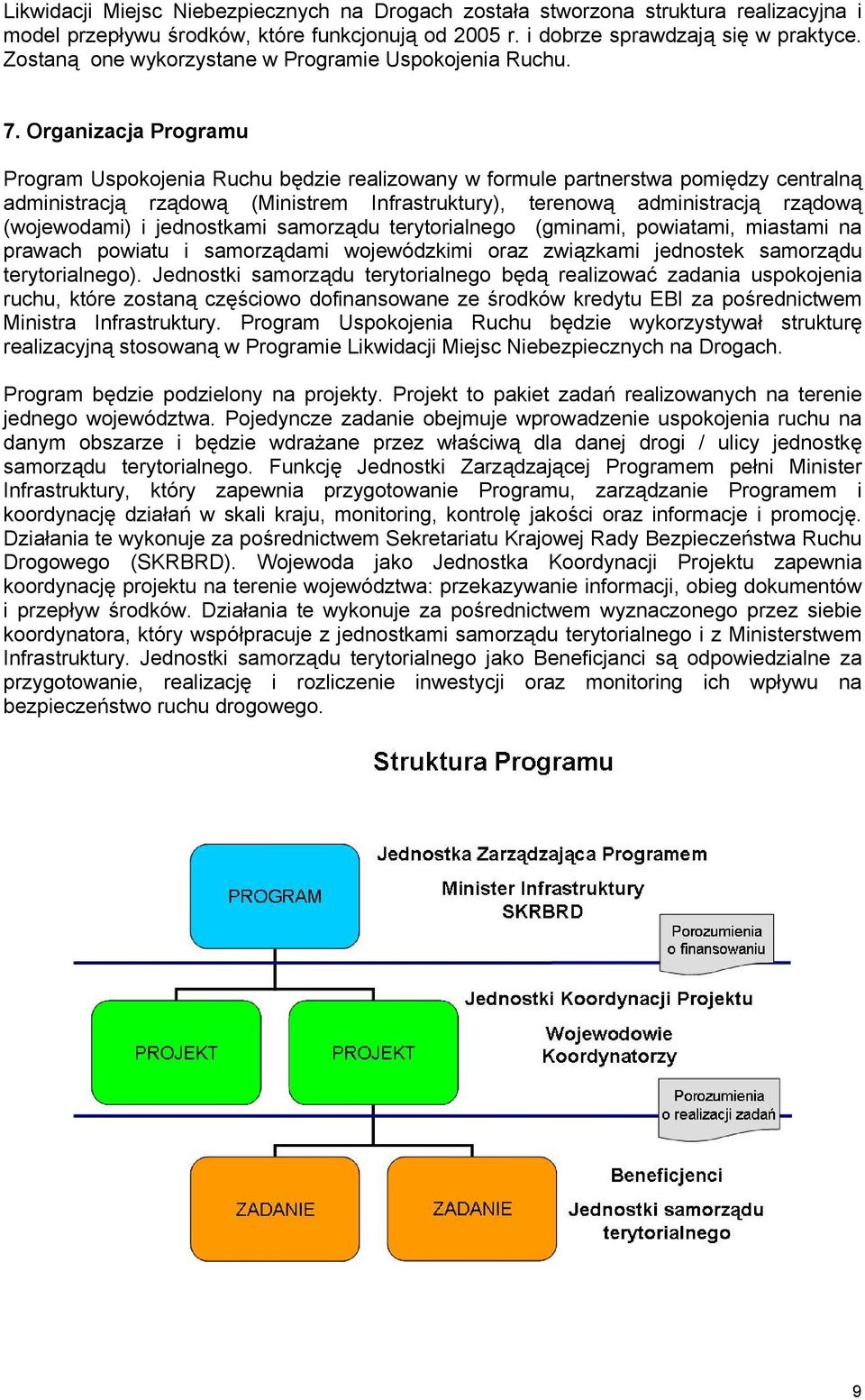 Organizacja Programu Program Uspokojenia Ruchu będzie realizowany w formule partnerstwa pomiędzy centralną administracją rządową (Ministrem Infrastruktury), terenową administracją rządową