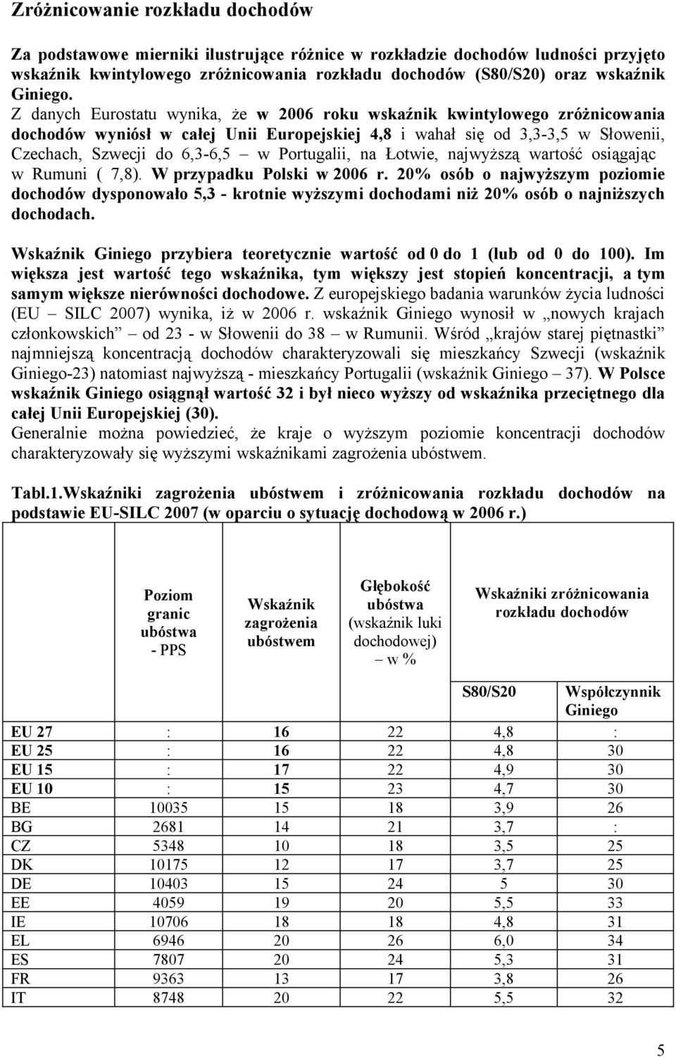 Z danych Eurostatu wynika, że w 2006 roku wskaźnik kwintylowego zróżnicowania dochodów wyniósł w całej Unii Europejskiej 4,8 i wahał się od 3,3-3,5 w Słowenii, Czechach, Szwecji do 6,3-6,5 w