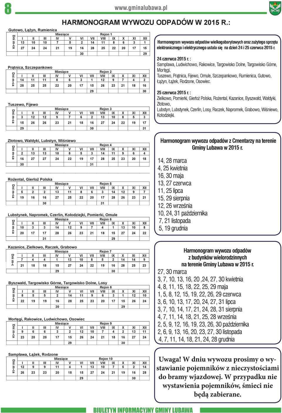 : I II III IV V VI VII VIII IX X XI Gutowo, Łążyn, Rumienica Gutowo, I Łążyn, II Rumienica HARMONOGRAM III IV V WYWOZU VI ODPADÓW VII VIII W IX R.: X XI HARMONOGRAM WYWOZU ODPADÓW W R.