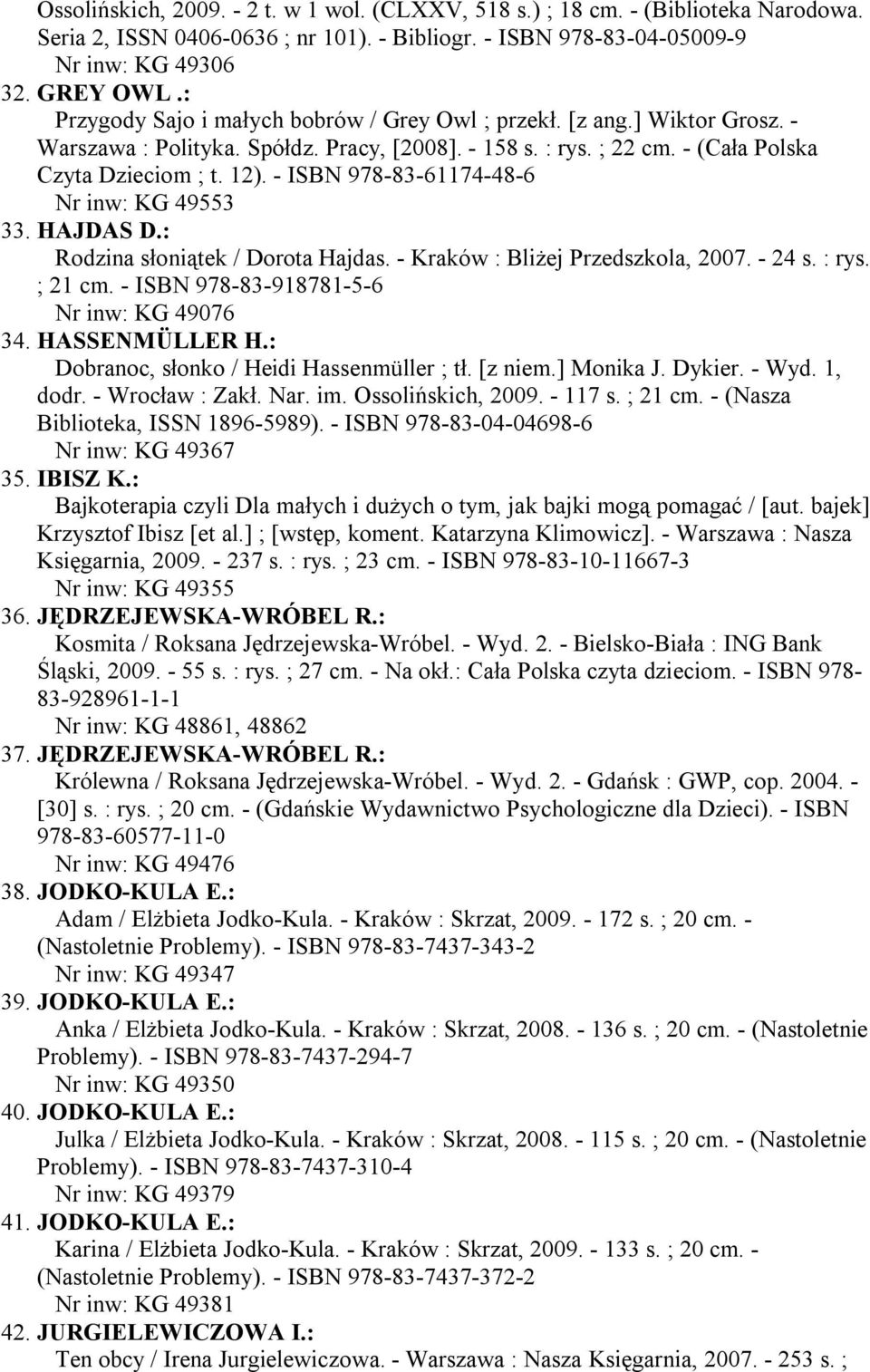 - ISBN 978-83-61174-48-6 Nr inw: KG 49553 33. HAJDAS D.: Rodzina słoniątek / Dorota Hajdas. - Kraków : Bliżej Przedszkola, 2007. - 24 s. : rys. ; 21 cm. - ISBN 978-83-918781-5-6 Nr inw: KG 49076 34.