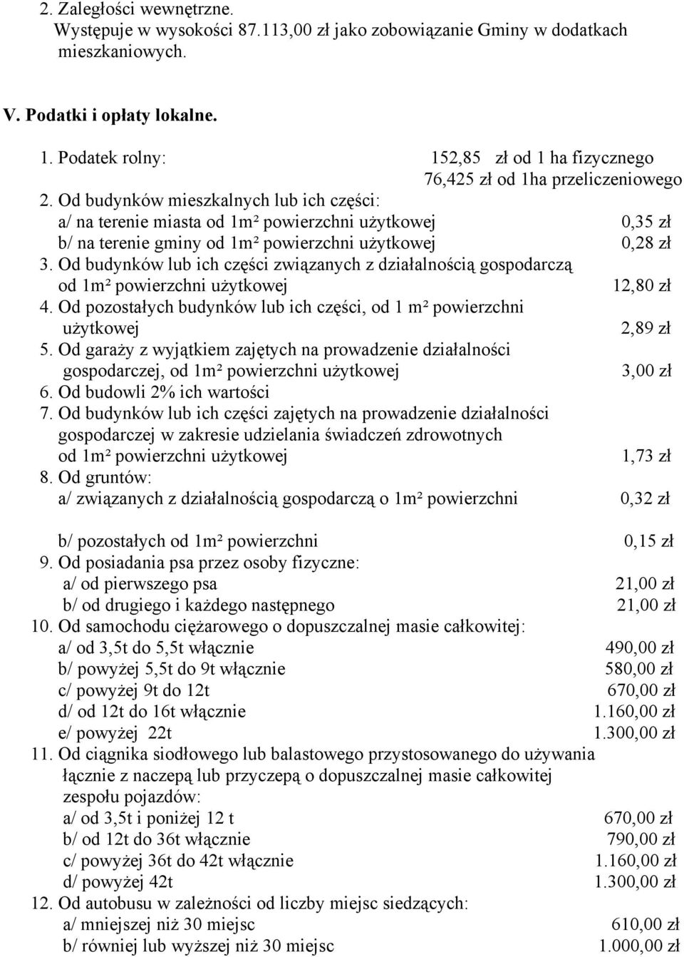 Od budynków mieszkalnych lub ich części: a/ na terenie miasta od 1m² powierzchni użytkowej 0,35 zł b/ na terenie gminy od 1m² powierzchni użytkowej 0,28 zł 3.