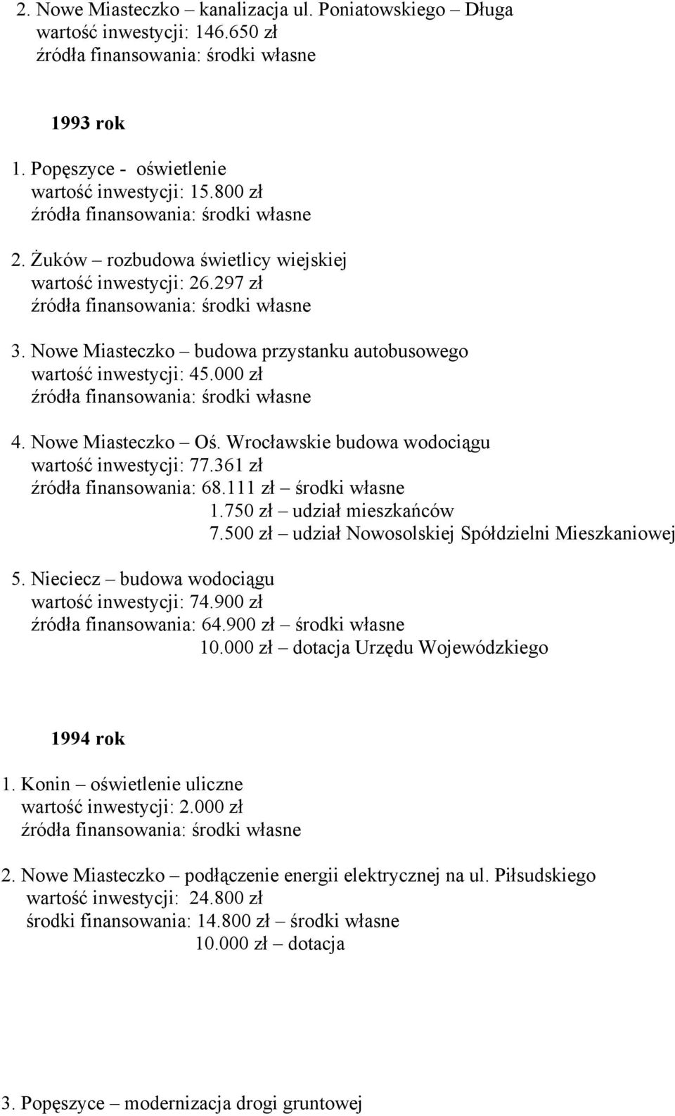 Wrocławskie budowa wodociągu wartość inwestycji: 77.361 zł źródła finansowania: 68.111 zł środki własne 1.750 zł udział mieszkańców 7.500 zł udział Nowosolskiej Spółdzielni Mieszkaniowej 5.