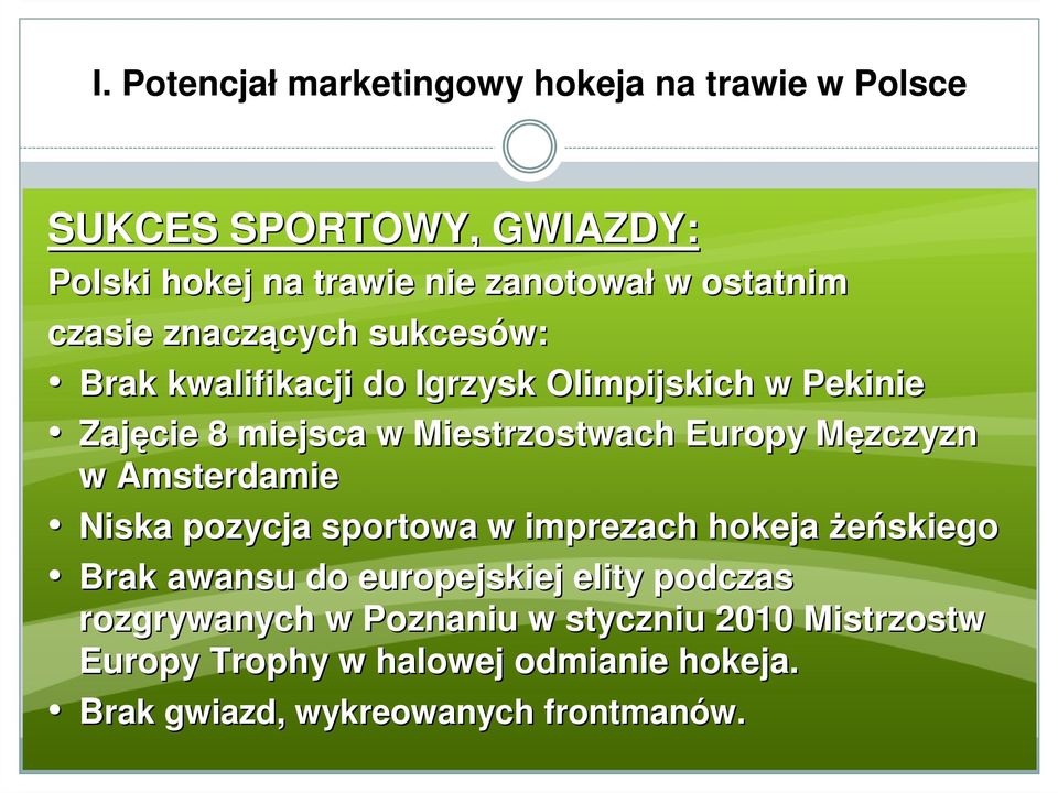 Europy Męzczyzn M w Amsterdamie Niska pozycja sportowa w imprezach hokeja żeńskiego Brak awansu do europejskiej elity podczas