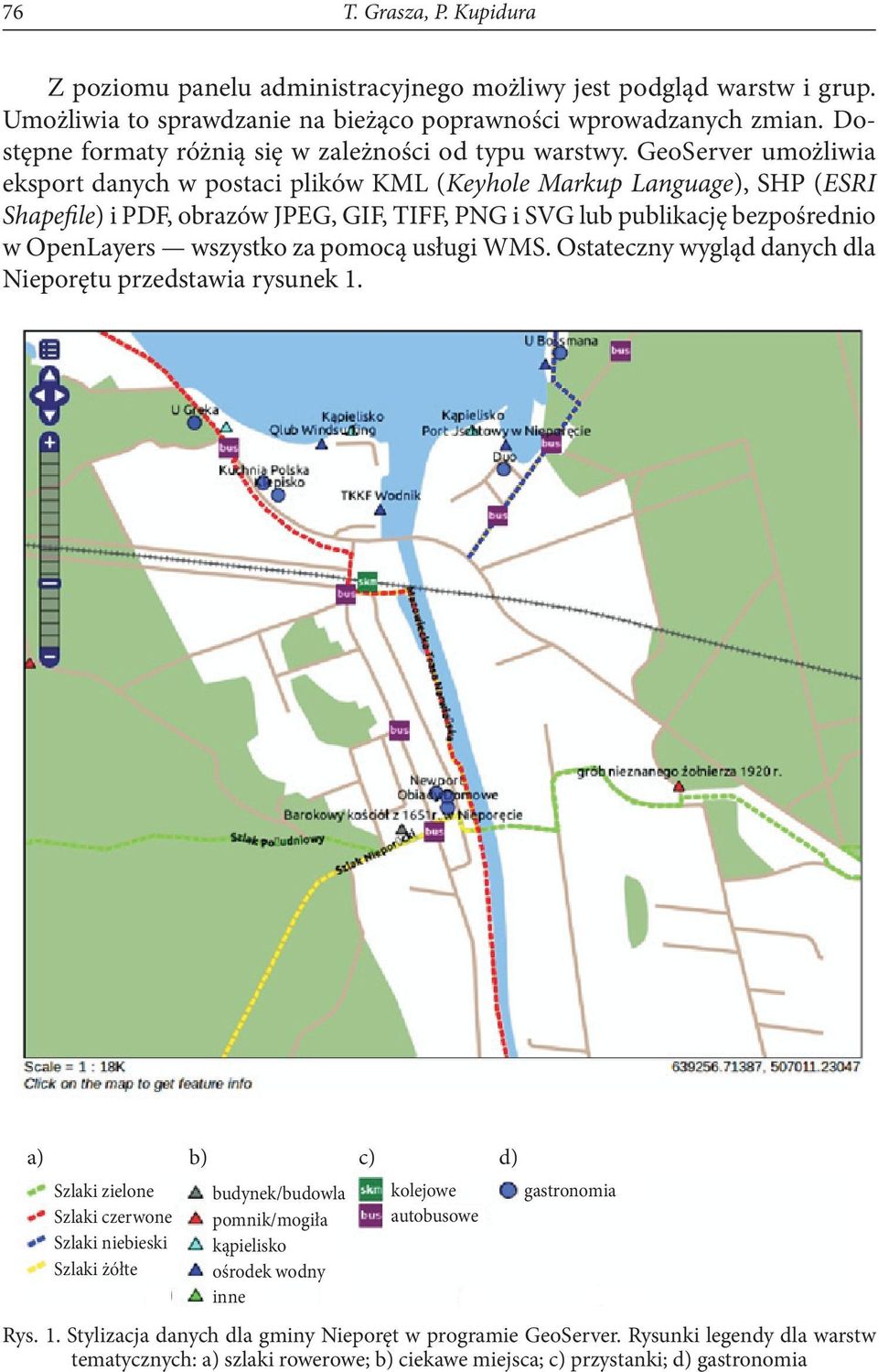 GeoServer umożliwia eksport danych w postaci plików KML (Keyhole Markup Language), SHP (ESRI Shapefile) i PDF, obrazów JPEG, GIF, TIFF, PNG i SVG lub publikację bezpośrednio w OpenLayers wszystko za