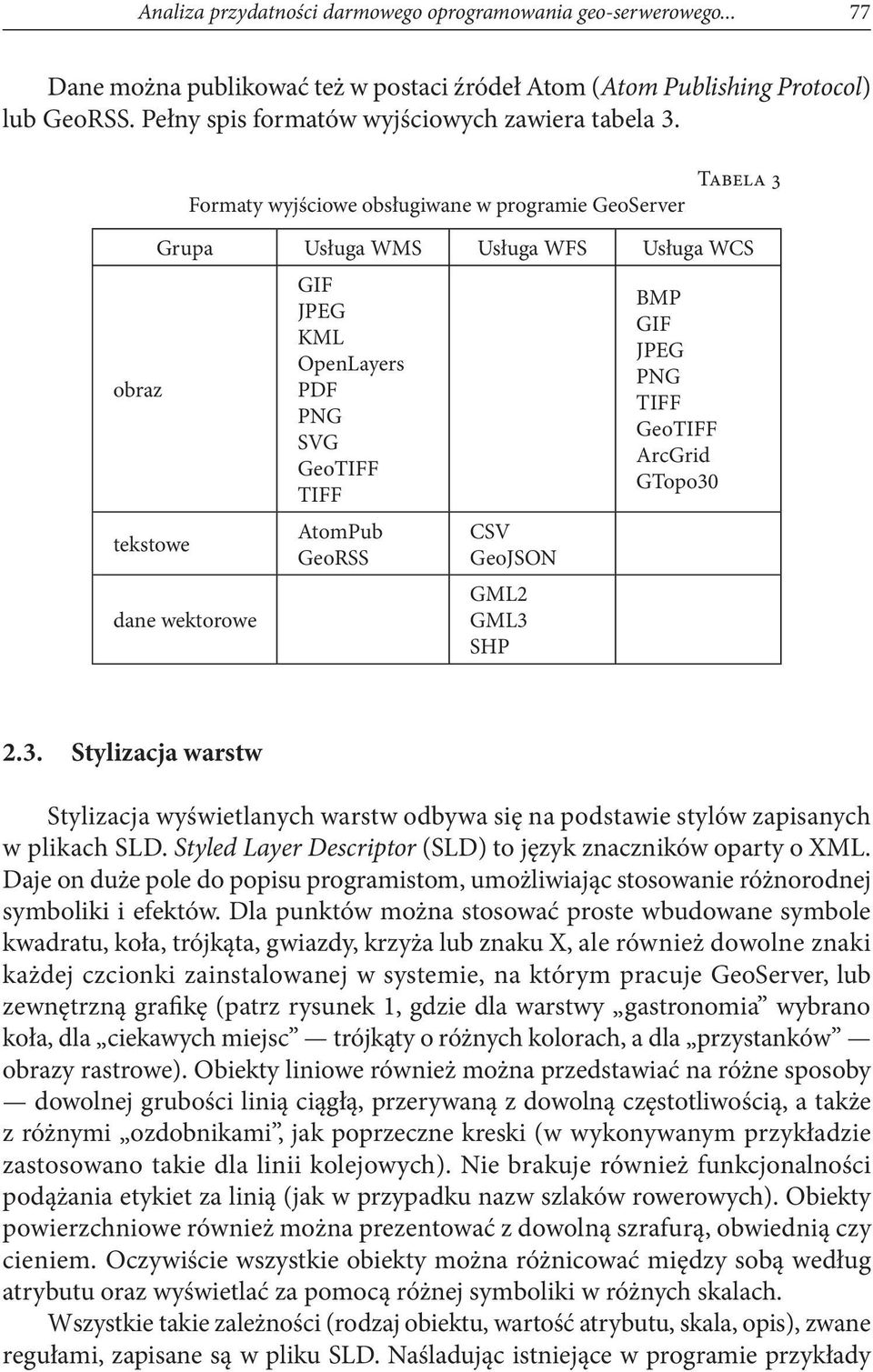 Formaty wyjściowe obsługiwane w programie GeoServer Tabela 3 obraz tekstowe Grupa Usługa WMS Usługa WFS Usługa WCS dane wektorowe GIF JPEG KML OpenLayers PDF PNG SVG GeoTIFF TIFF AtomPub GeoRSS CSV