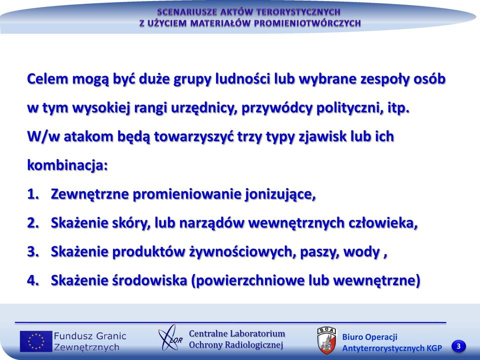 Zewnętrzne promieniowanie jonizujące, 2. Skażenie skóry, lub narządów wewnętrznych człowieka, 3.