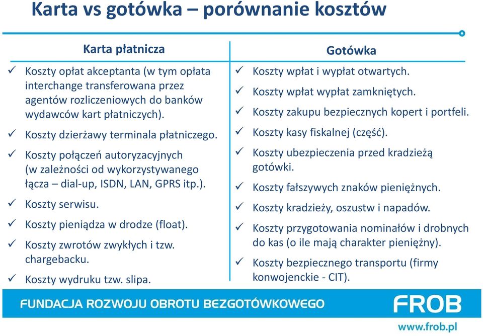 Koszty zwrotów zwykłych i tzw. chargebacku. Koszty wydruku tzw. slipa. Gotówka Koszty wpłat i wypłat otwartych. Koszty wpłat wypłat zamkniętych. Koszty zakupu bezpiecznych kopert i portfeli.