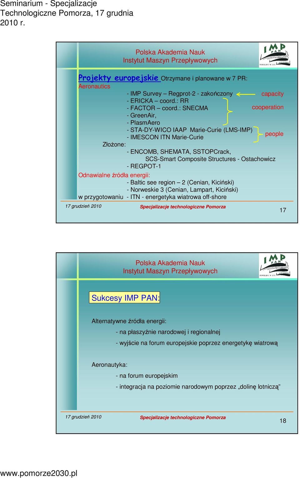 REGPOT-1 Odnawialne źródła energii: - Baltic see region 2 (Cenian, Kiciński) - Norweskie 3 (Cenian, Lampart, Kiciński) w przygotowaniu - ITN - energetyka wiatrowa off-shore capacity