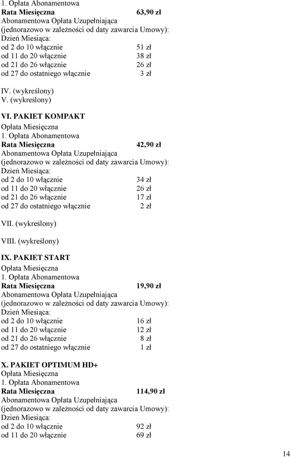 (wykreślony) VIII. (wykreślony) IX. PAKIET START Opłata Miesięczna 1.